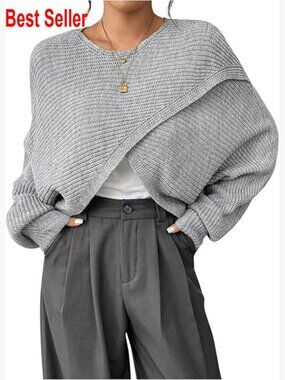 Lightweight Acrylic Asymmetrical Wrap Pullover Sweater Shrug
